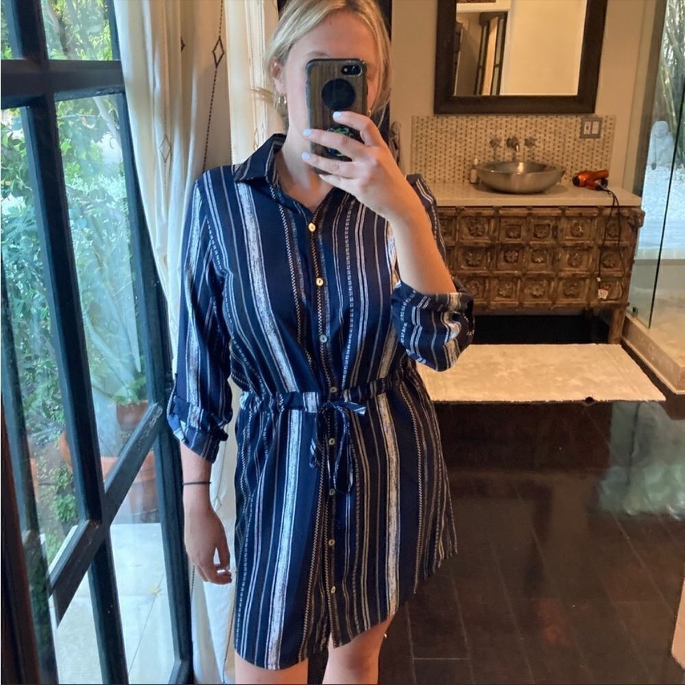 Veronica M Navy Striped Shirtdress